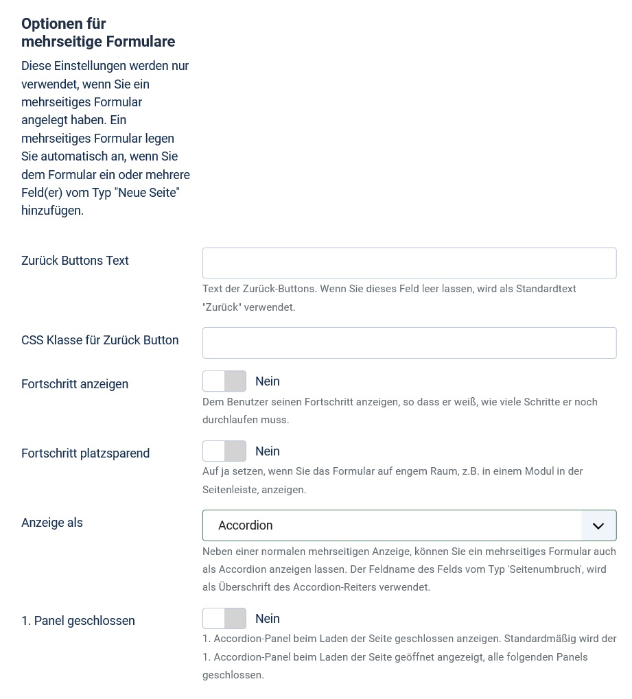 Form options for multi-page forms