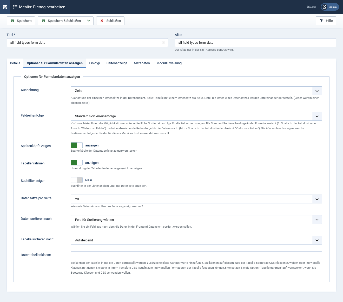 Configuration of the data display in the frontend