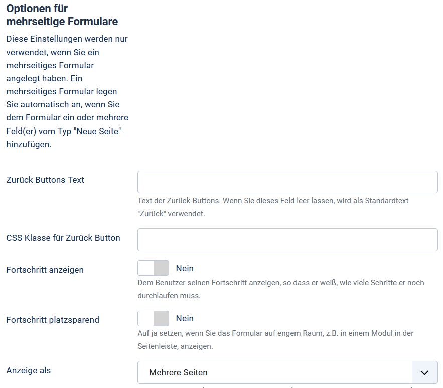 Formular Optionen für mehrseitige Formulare
